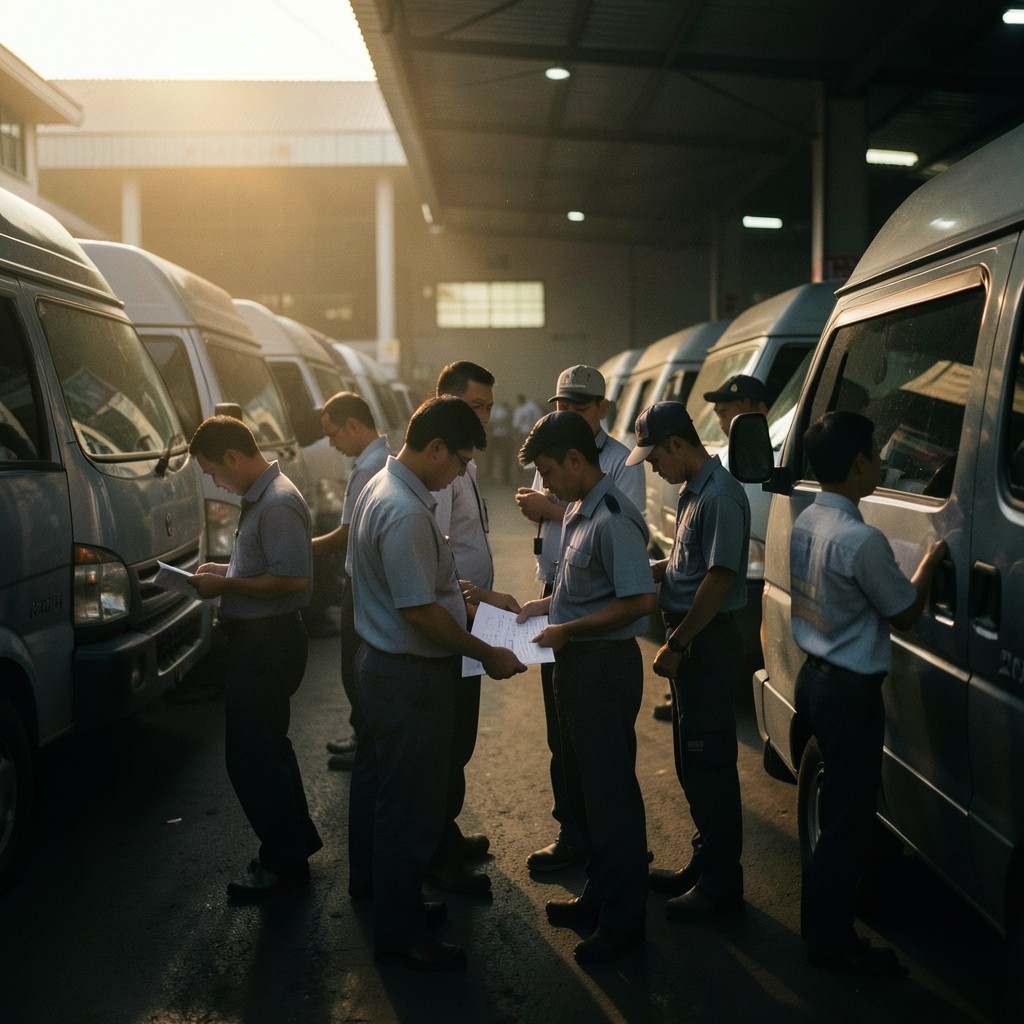 Maintenance technicians reviewing job routes at dawn outside a Bangkok depot