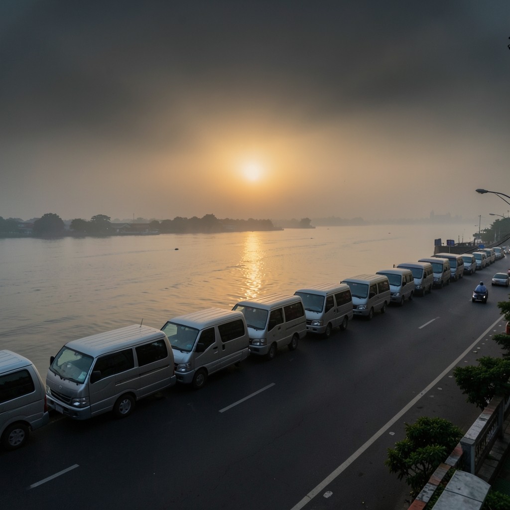 Bangkok riverside maintenance vans lined up before morning dispatch